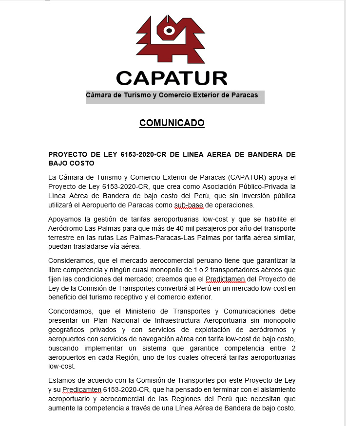 Cámara de Turismo y Comercio Exterior de Paracas (CAPATUR), apoya al  Congreso en el Proyecto de Ley de la Línea Aérea de Bandera de Bajo Costo  del Perú